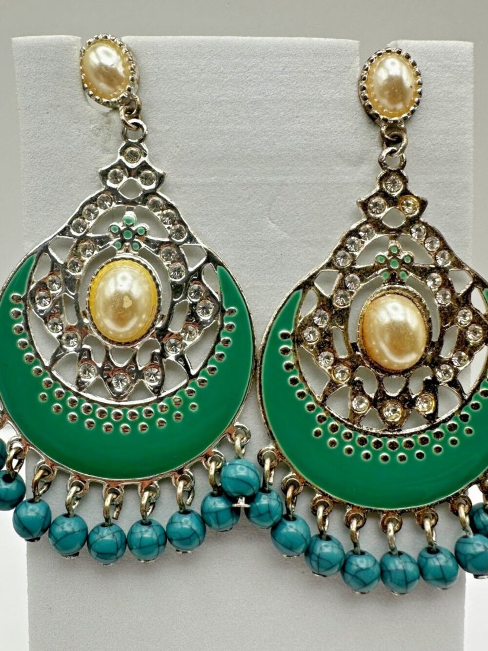 Vintage 90s Green Enamel Dangle Earrings Faux Pearl Silver Tone Women's Jewelry